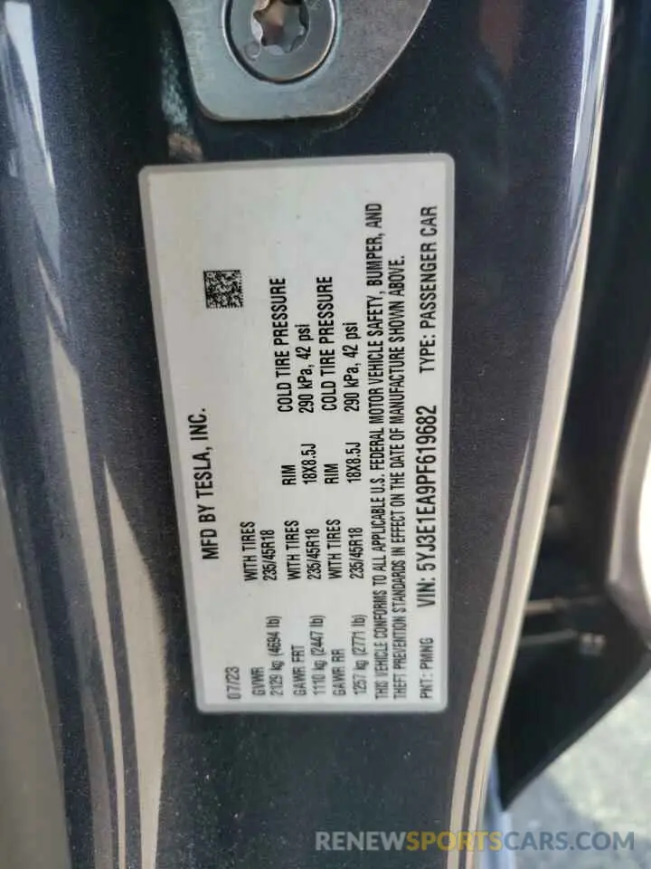 13 Фотография поврежденного автомобиля 5YJ3E1EA9PF619682 TESLA MODEL 3 2023