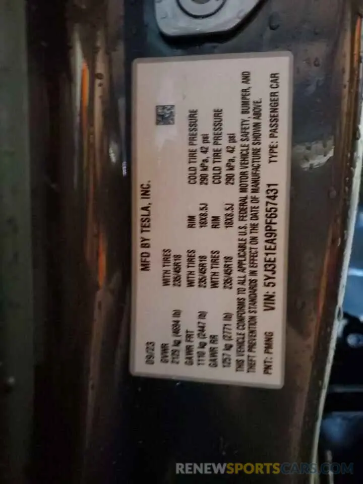 12 Фотография поврежденного автомобиля 5YJ3E1EA9PF657431 TESLA MODEL 3 2023