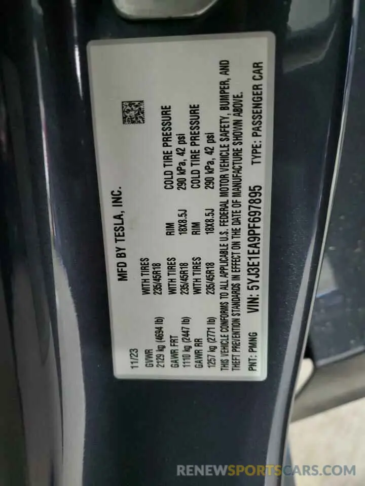 12 Фотография поврежденного автомобиля 5YJ3E1EA9PF697895 TESLA MODEL 3 2023