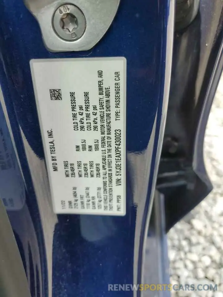 13 Фотография поврежденного автомобиля 5YJ3E1EAXPF430023 TESLA MODEL 3 2023