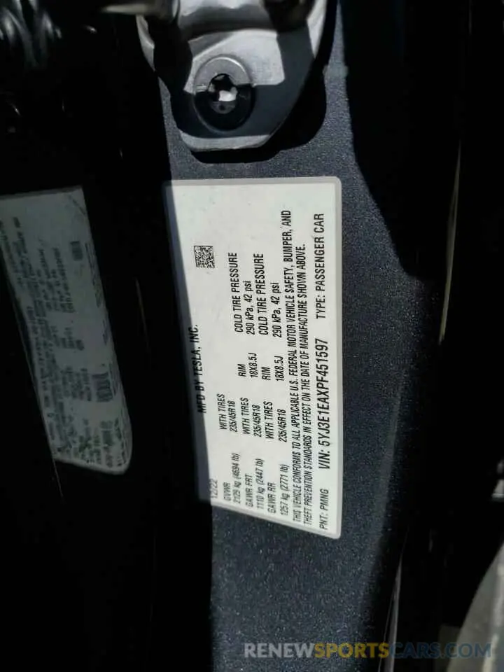 13 Фотография поврежденного автомобиля 5YJ3E1EAXPF451597 TESLA MODEL 3 2023