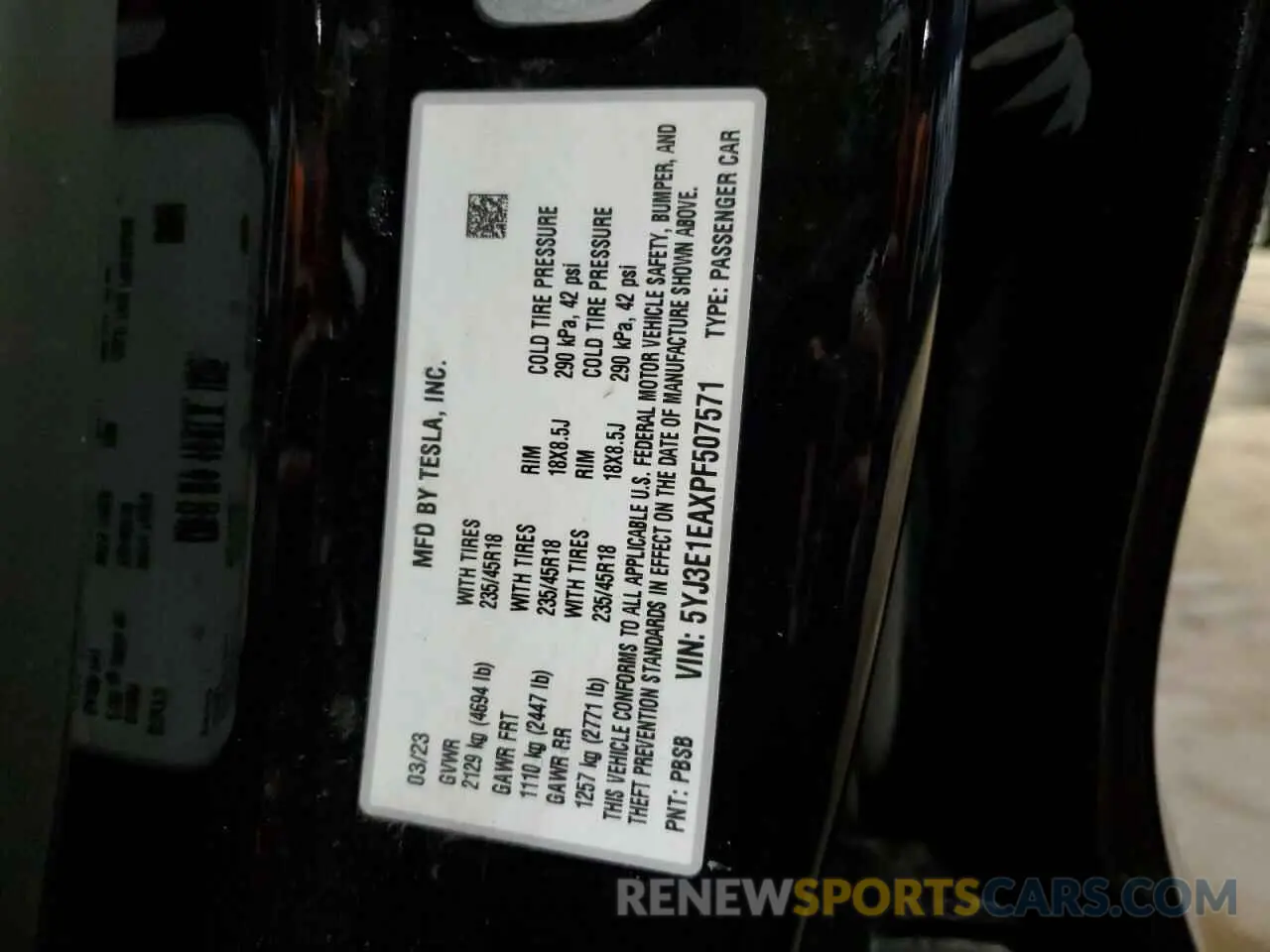 12 Фотография поврежденного автомобиля 5YJ3E1EAXPF507571 TESLA MODEL 3 2023