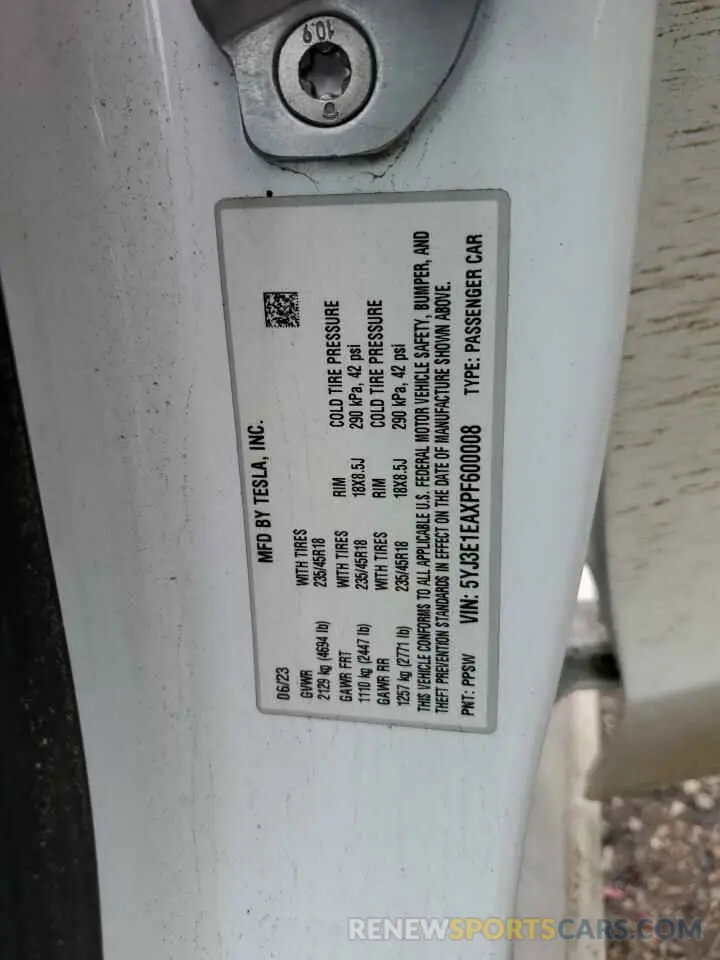 12 Фотография поврежденного автомобиля 5YJ3E1EAXPF600008 TESLA MODEL 3 2023