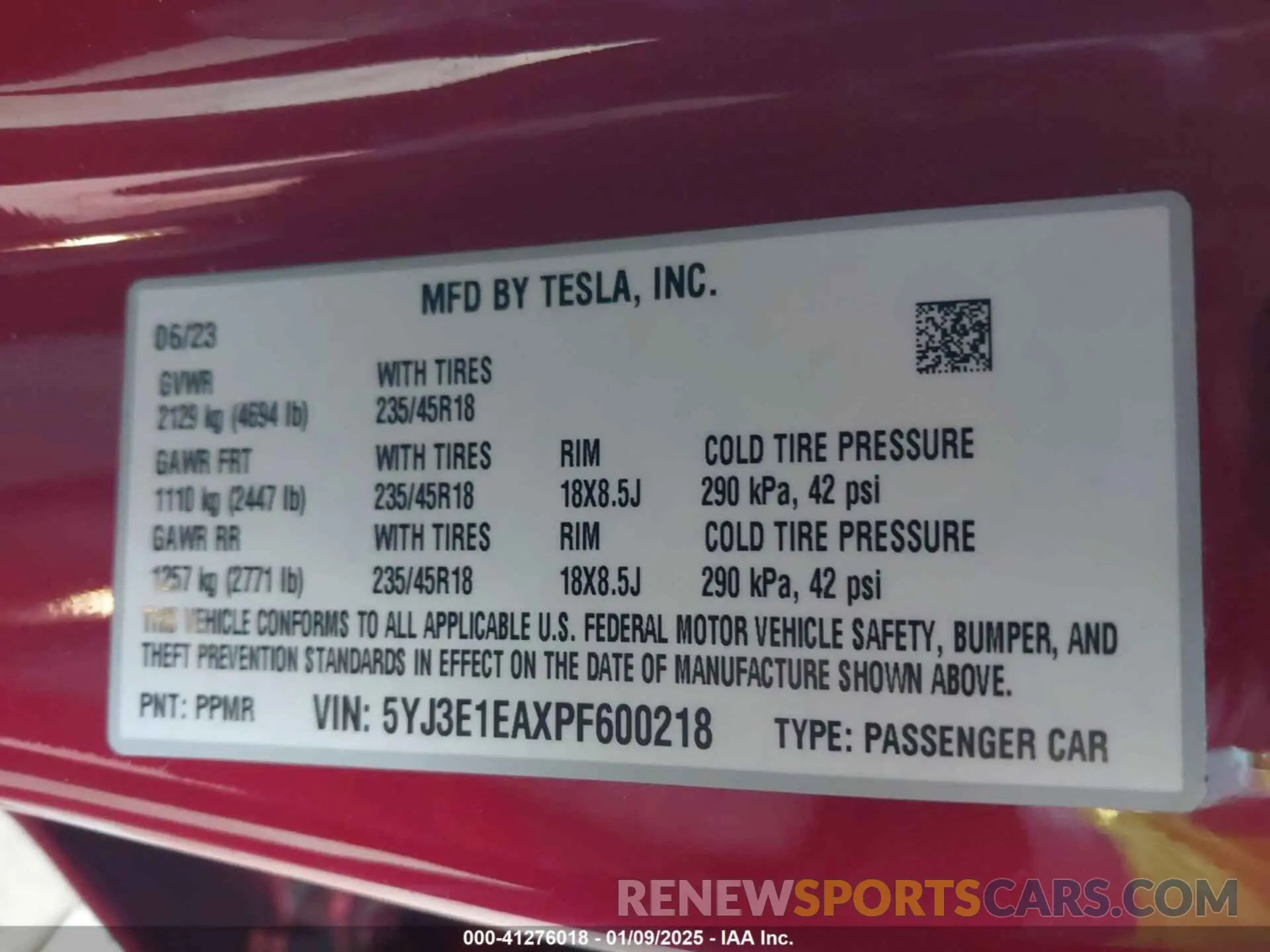9 Фотография поврежденного автомобиля 5YJ3E1EAXPF600218 TESLA MODEL 3 2023