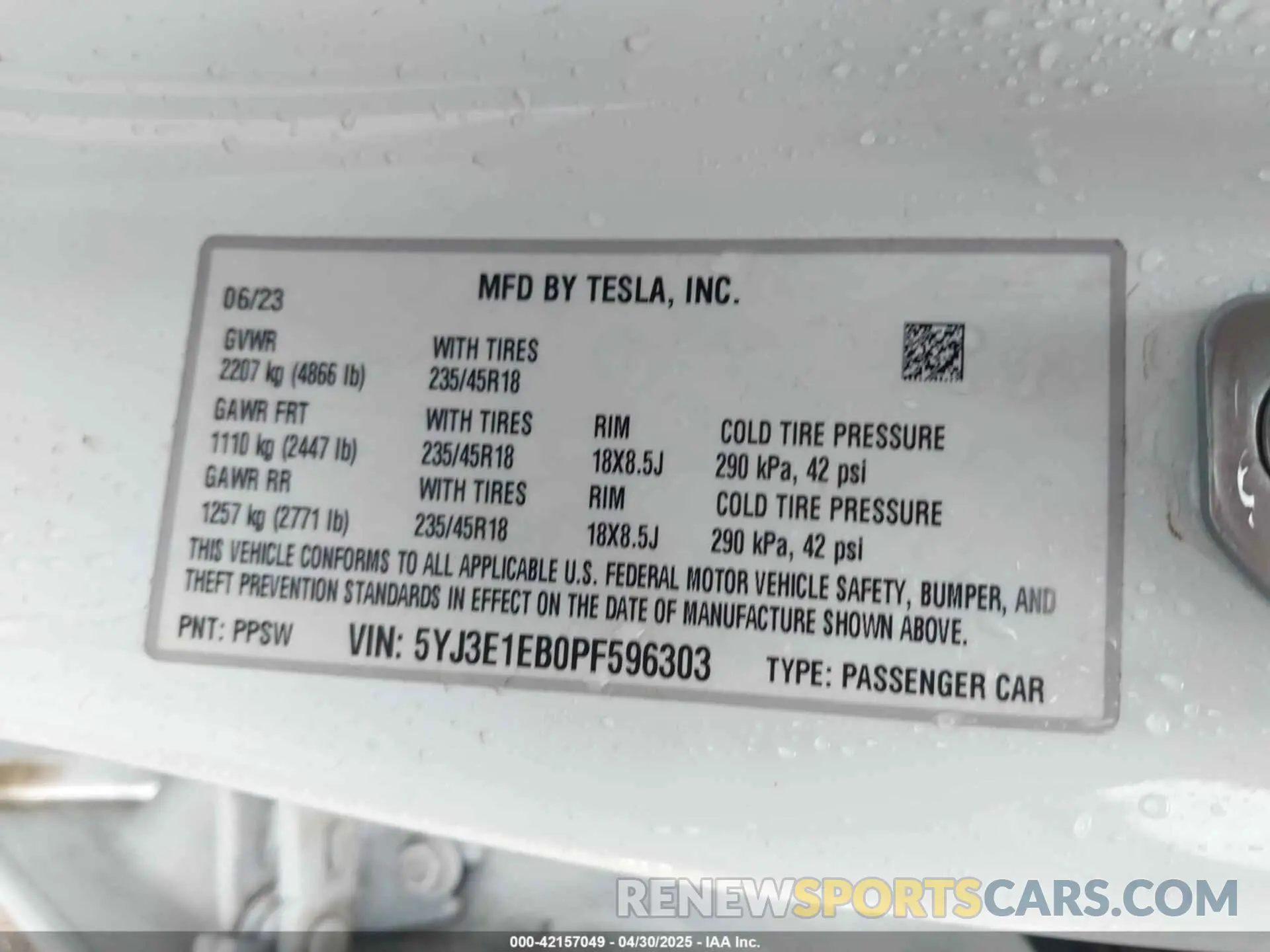 9 Фотография поврежденного автомобиля 5YJ3E1EB0PF596303 TESLA MODEL 3 2023