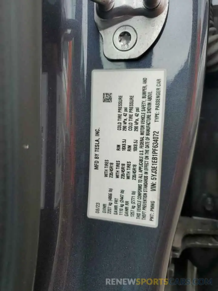 12 Фотография поврежденного автомобиля 5YJ3E1EB1PF634072 TESLA MODEL 3 2023