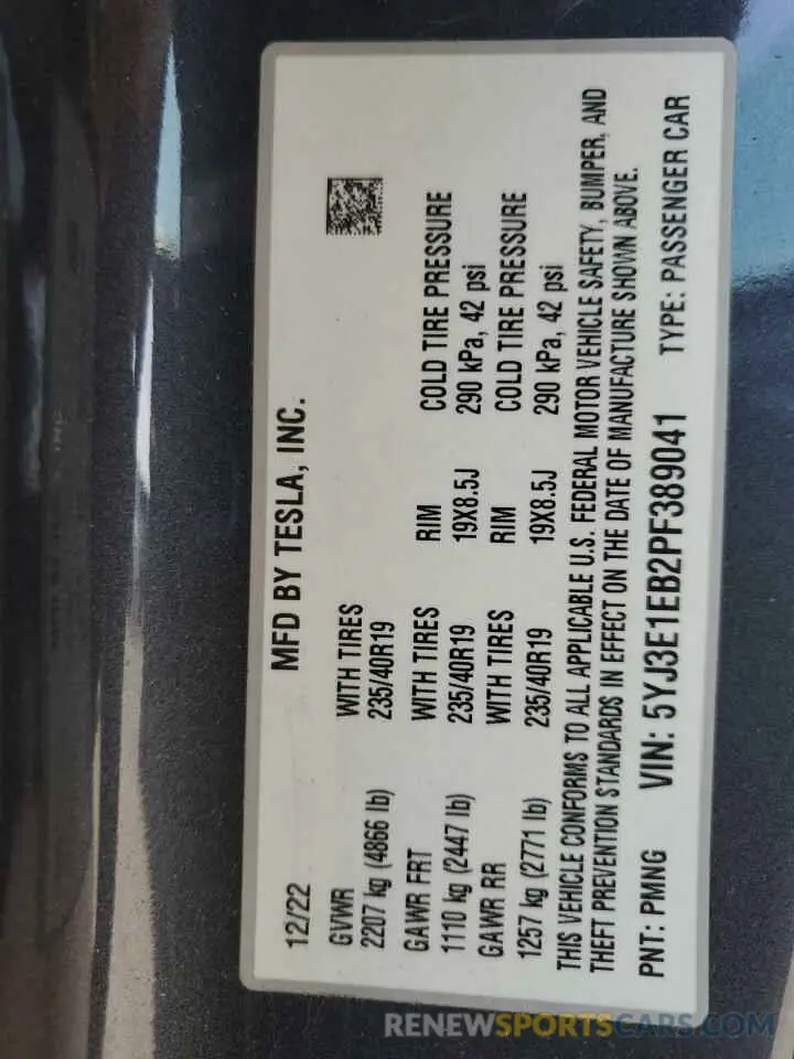 13 Фотография поврежденного автомобиля 5YJ3E1EB2PF389041 TESLA MODEL 3 2023