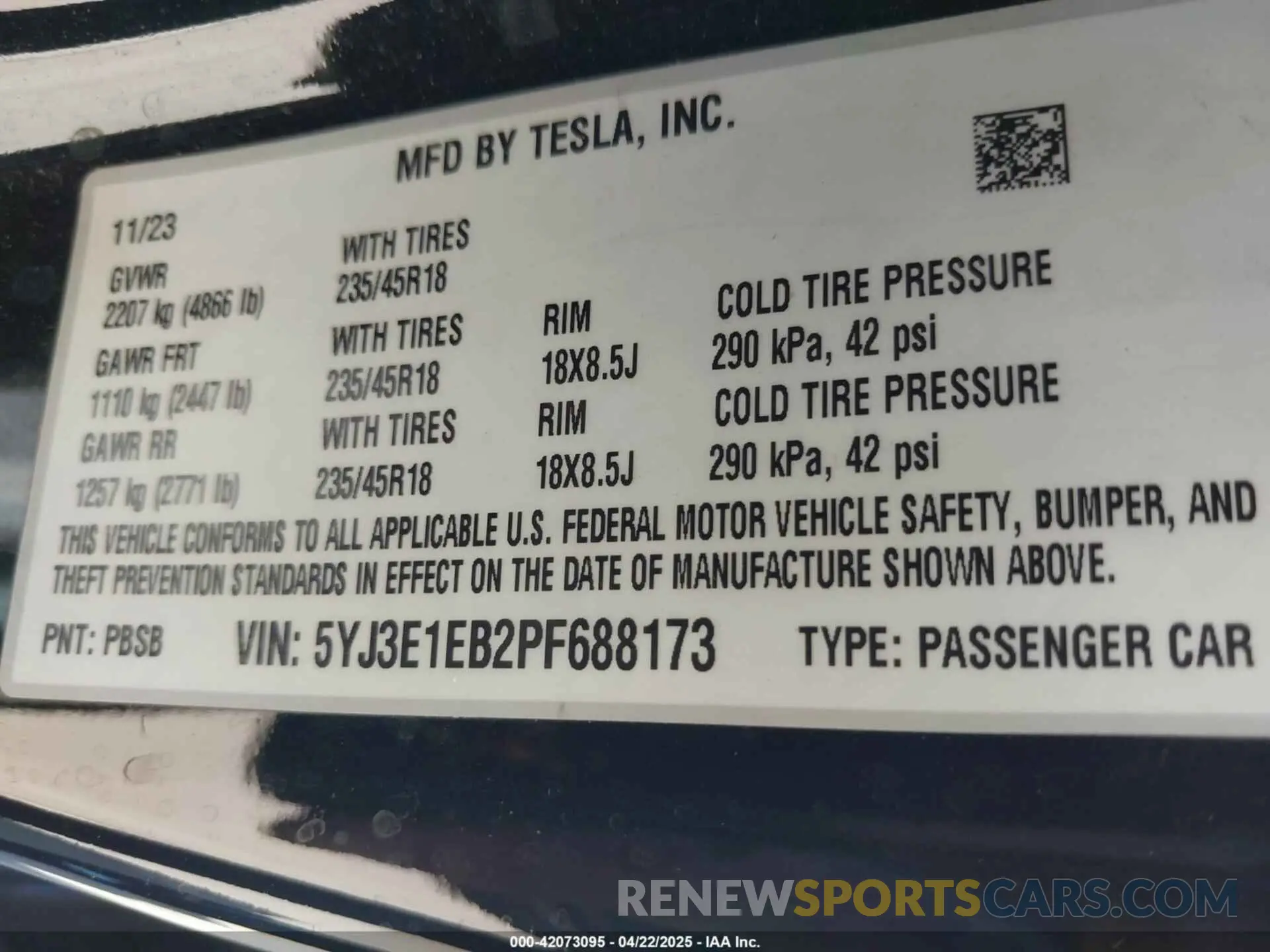 9 Фотография поврежденного автомобиля 5YJ3E1EB2PF688173 TESLA MODEL 3 2023