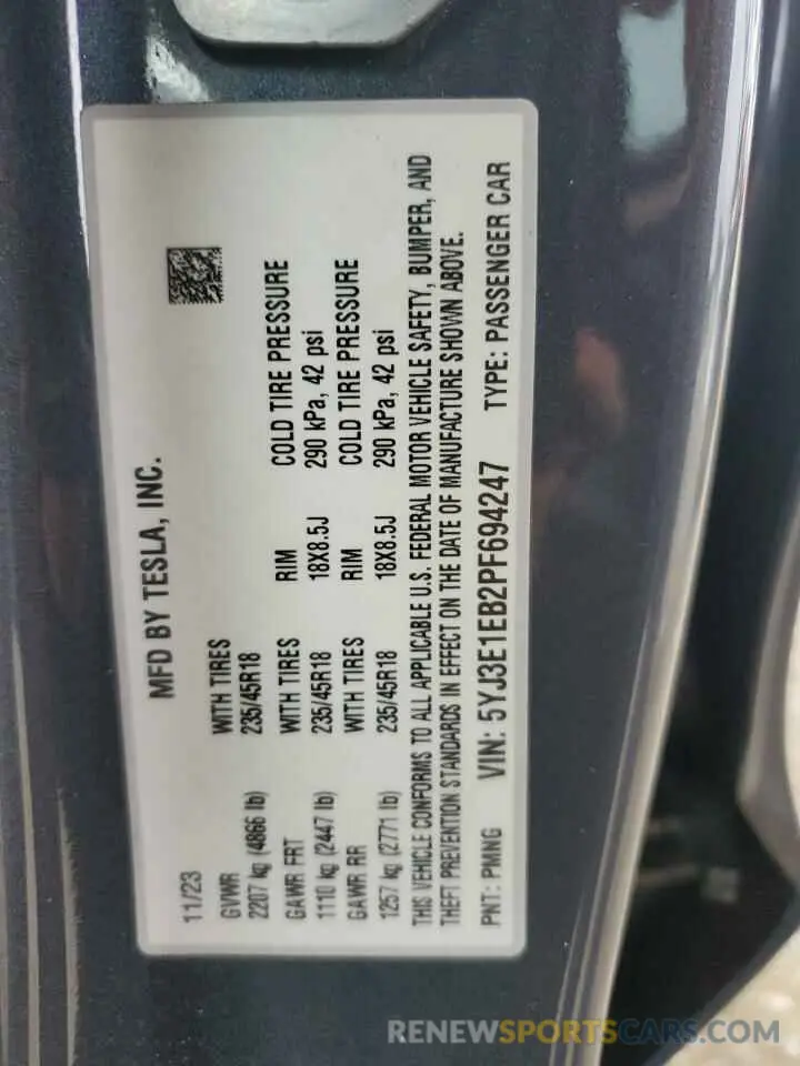 14 Photograph of a damaged car 5YJ3E1EB2PF694247 TESLA MODEL 3 2023
