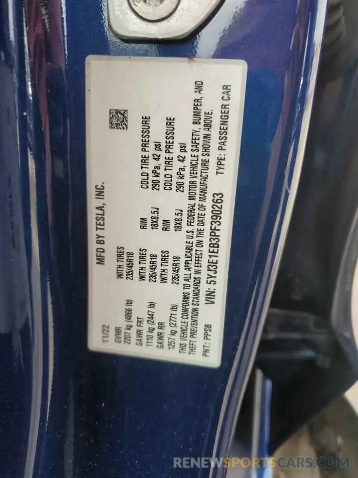 13 Фотография поврежденного автомобиля 5YJ3E1EB3PF390263 TESLA MODEL 3 2023