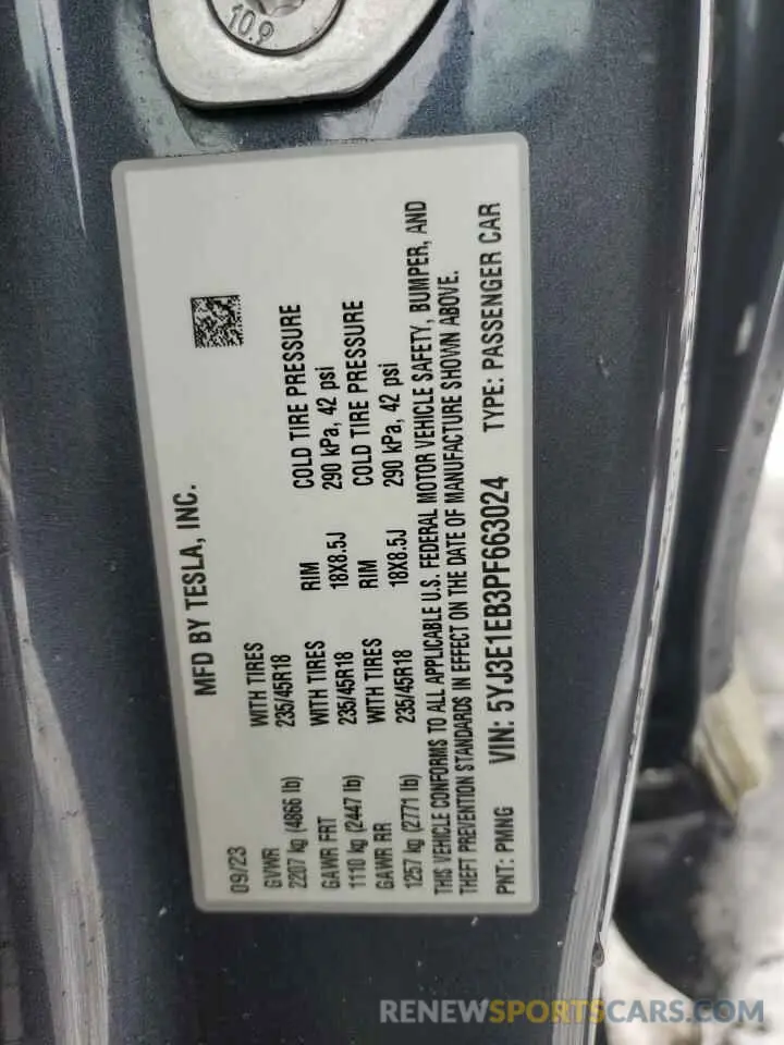 12 Photograph of a damaged car 5YJ3E1EB3PF663024 TESLA MODEL 3 2023