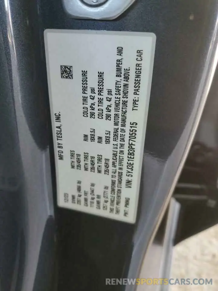 13 Фотография поврежденного автомобиля 5YJ3E1EB3PF705515 TESLA MODEL 3 2023