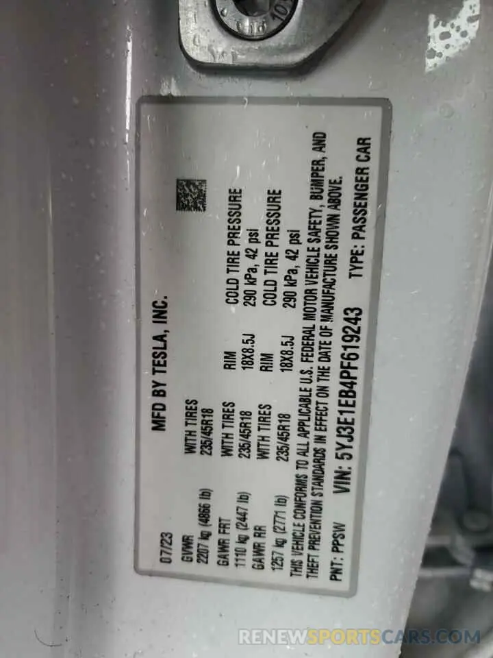12 Фотография поврежденного автомобиля 5YJ3E1EB4PF619243 TESLA MODEL 3 2023