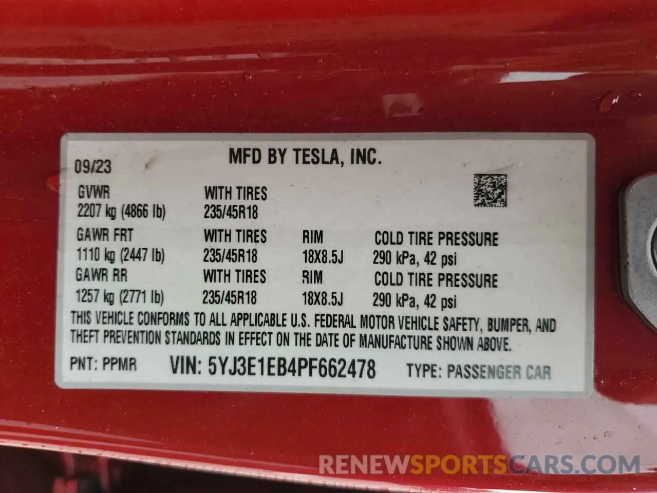 13 Фотография поврежденного автомобиля 5YJ3E1EB4PF662478 TESLA MODEL 3 2023