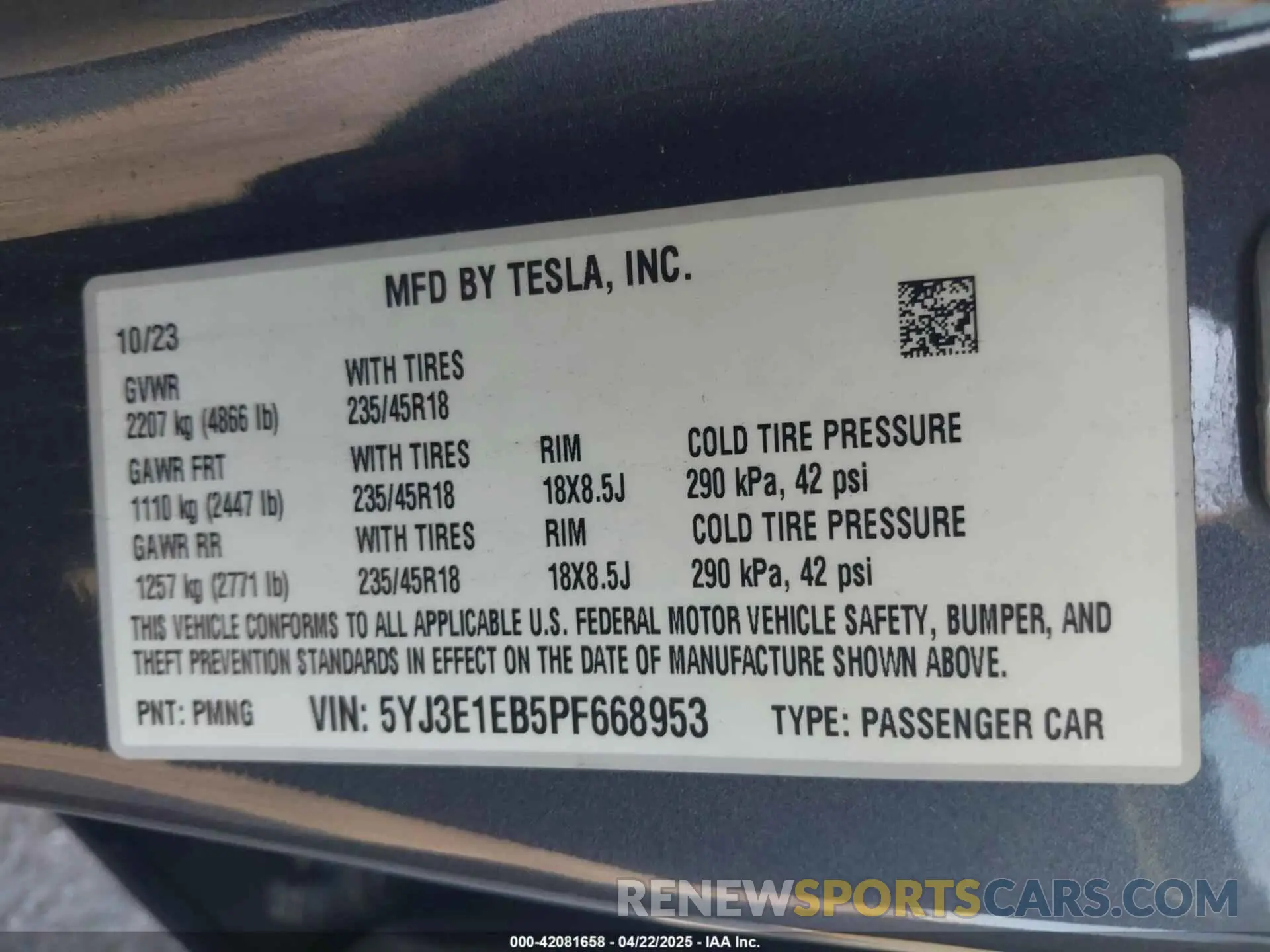 9 Фотография поврежденного автомобиля 5YJ3E1EB5PF668953 TESLA MODEL 3 2023