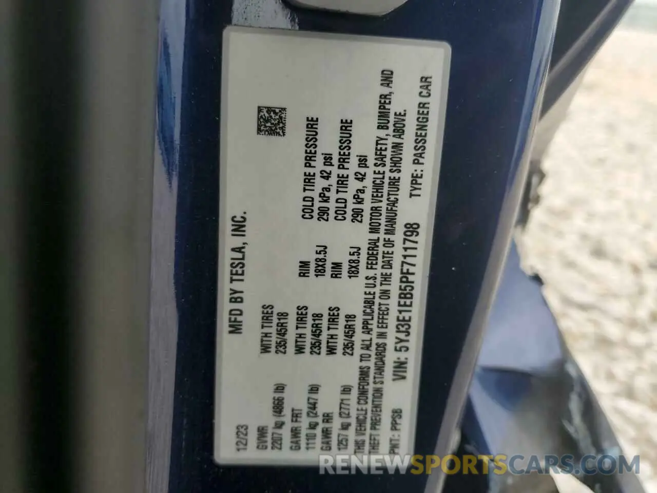 14 Фотография поврежденного автомобиля 5YJ3E1EB5PF711798 TESLA MODEL 3 2023