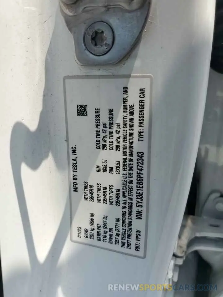 12 Photograph of a damaged car 5YJ3E1EB6PF472343 TESLA MODEL 3 2023