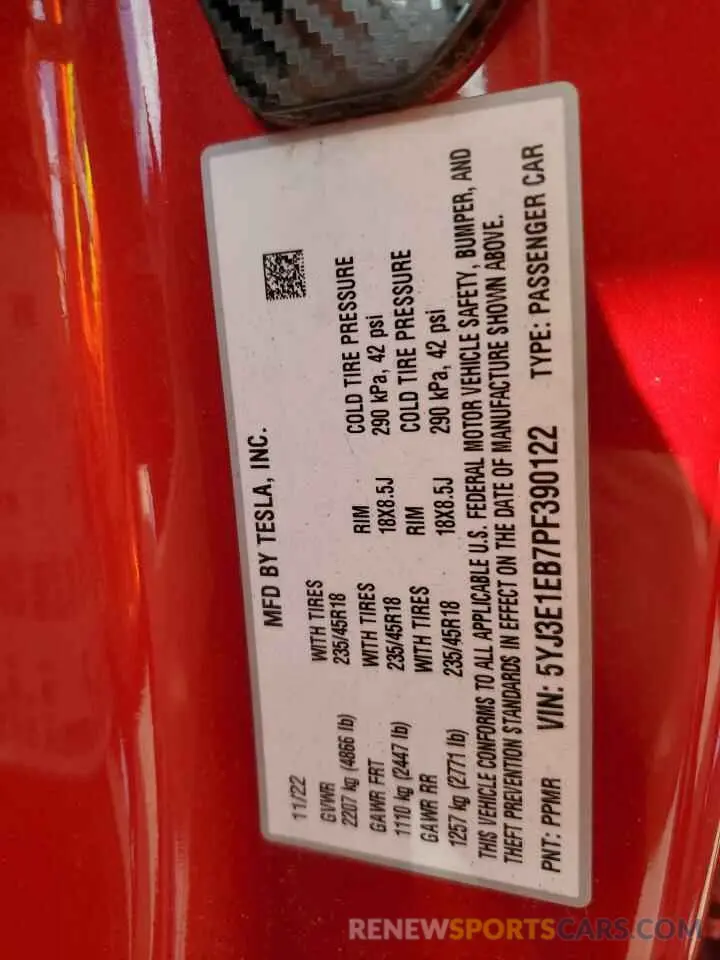 12 Фотография поврежденного автомобиля 5YJ3E1EB7PF390122 TESLA MODEL 3 2023