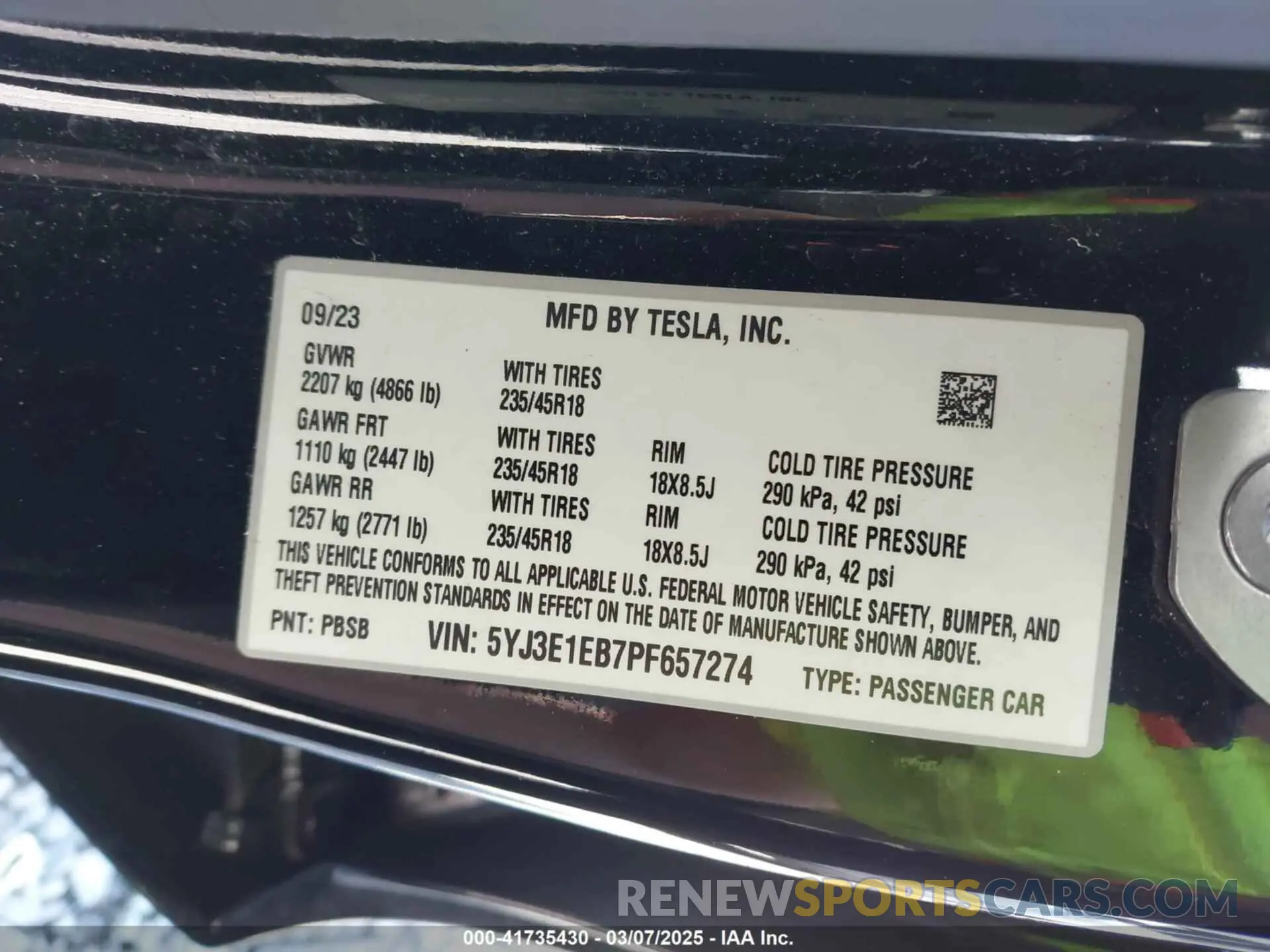 9 Photograph of a damaged car 5YJ3E1EB7PF657274 TESLA MODEL 3 2023