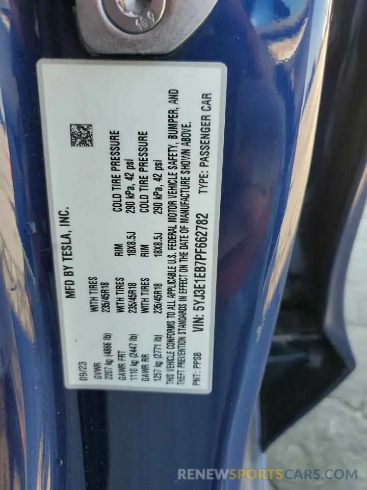 12 Фотография поврежденного автомобиля 5YJ3E1EB7PF662782 TESLA MODEL 3 2023