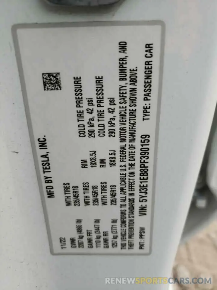 12 Фотография поврежденного автомобиля 5YJ3E1EB8PF390159 TESLA MODEL 3 2023