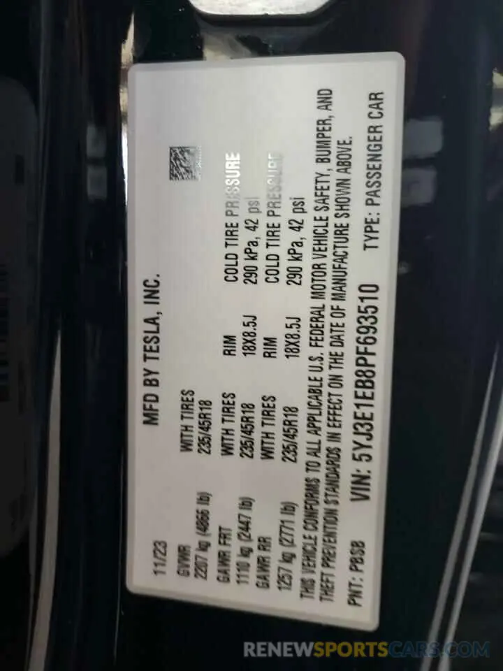 13 Фотография поврежденного автомобиля 5YJ3E1EB8PF693510 TESLA MODEL 3 2023