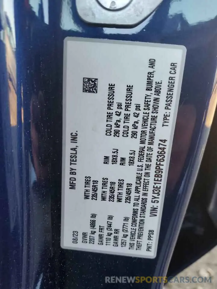 13 Photograph of a damaged car 5YJ3E1EB9PF636474 TESLA MODEL 3 2023