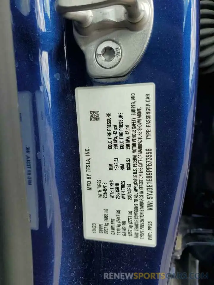 13 Фотография поврежденного автомобиля 5YJ3E1EB9PF673556 TESLA MODEL 3 2023