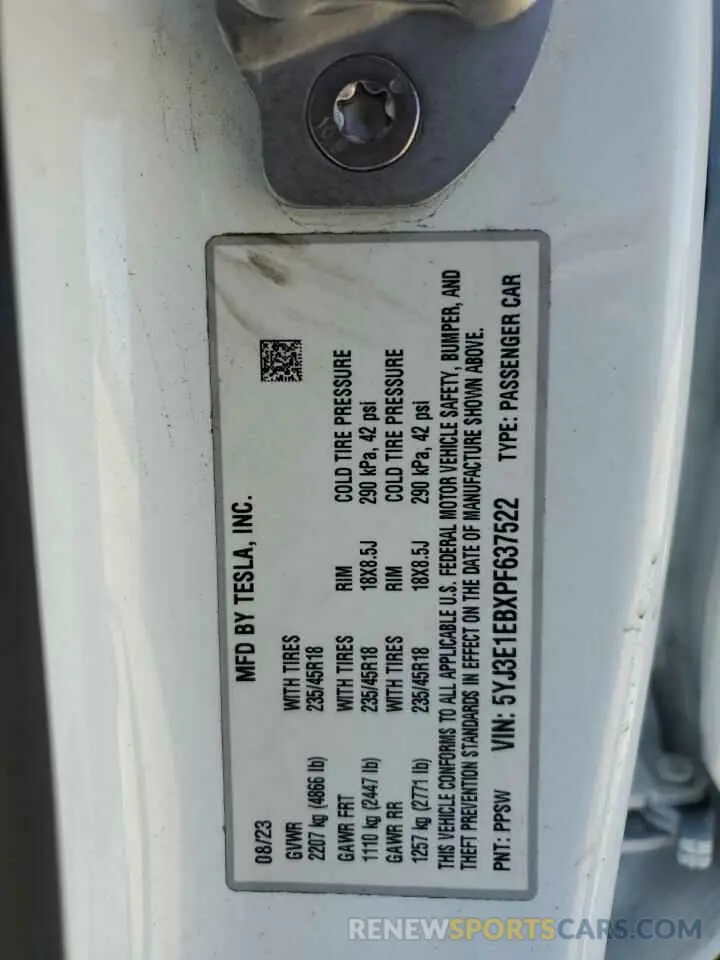14 Photograph of a damaged car 5YJ3E1EBXPF637522 TESLA MODEL 3 2023