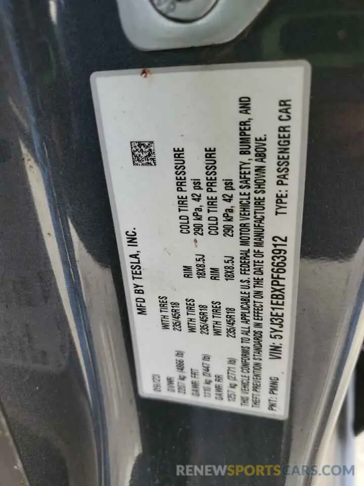 13 Фотография поврежденного автомобиля 5YJ3E1EBXPF663912 TESLA MODEL 3 2023