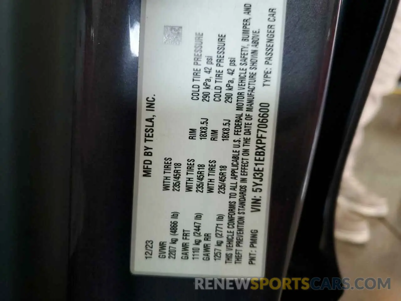 12 Фотография поврежденного автомобиля 5YJ3E1EBXPF706600 TESLA MODEL 3 2023