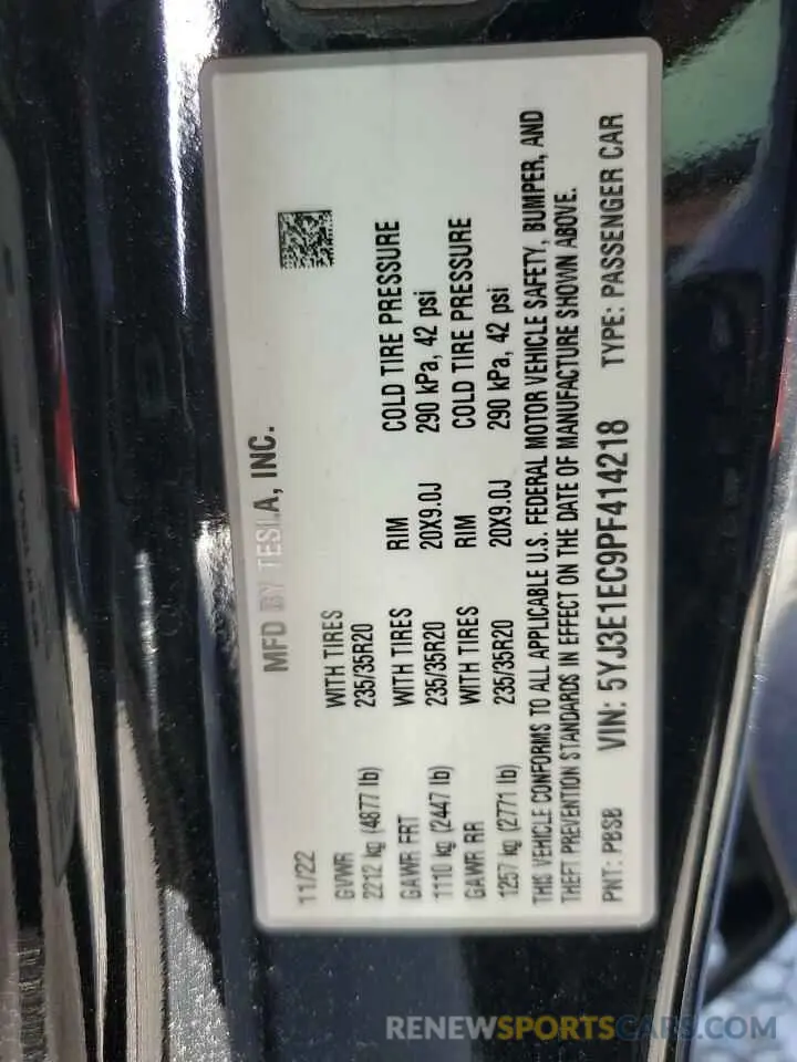 12 Фотография поврежденного автомобиля 5YJ3E1EC9PF414218 TESLA MODEL 3 2023