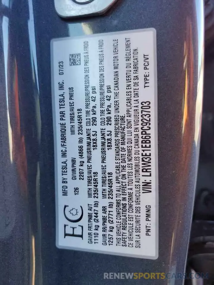 12 Фотография поврежденного автомобиля LRW3E1EB6PC923703 TESLA MODEL 3 2023