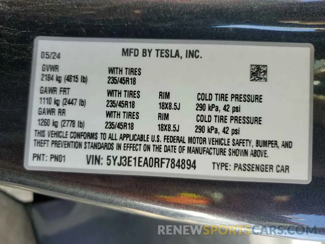 13 Photograph of a damaged car 5YJ3E1EA0RF784894 TESLA MODEL 3 2024