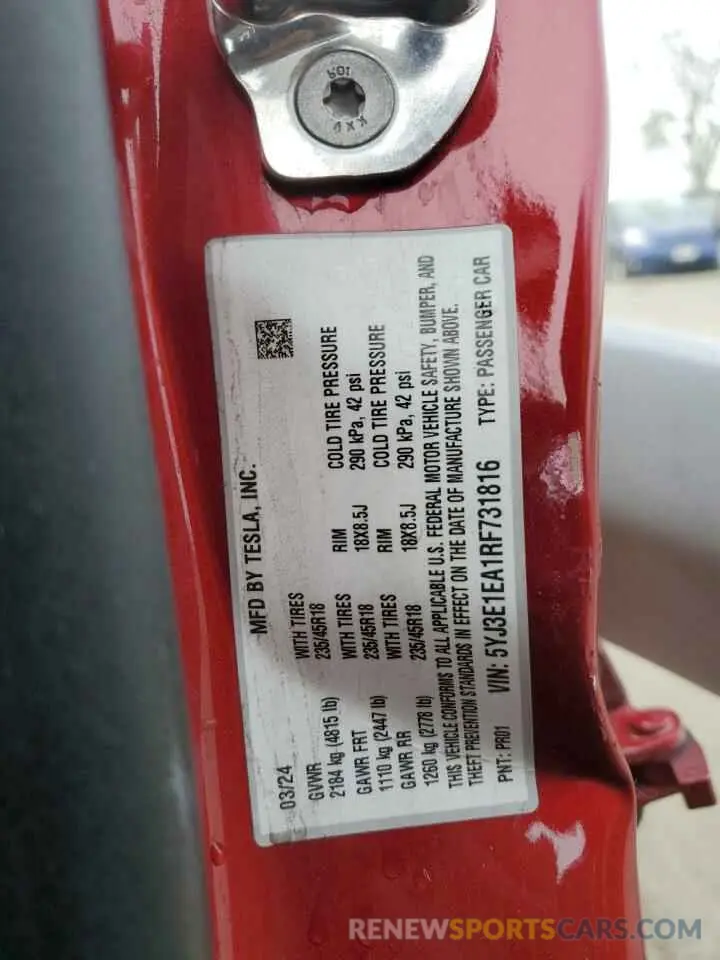15 Photograph of a damaged car 5YJ3E1EA1RF731816 TESLA MODEL 3 2024