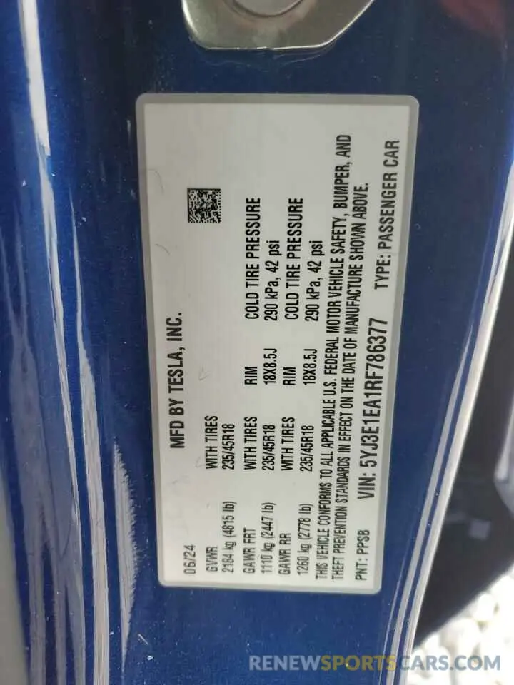 15 Photograph of a damaged car 5YJ3E1EA1RF786377 TESLA MODEL 3 2024