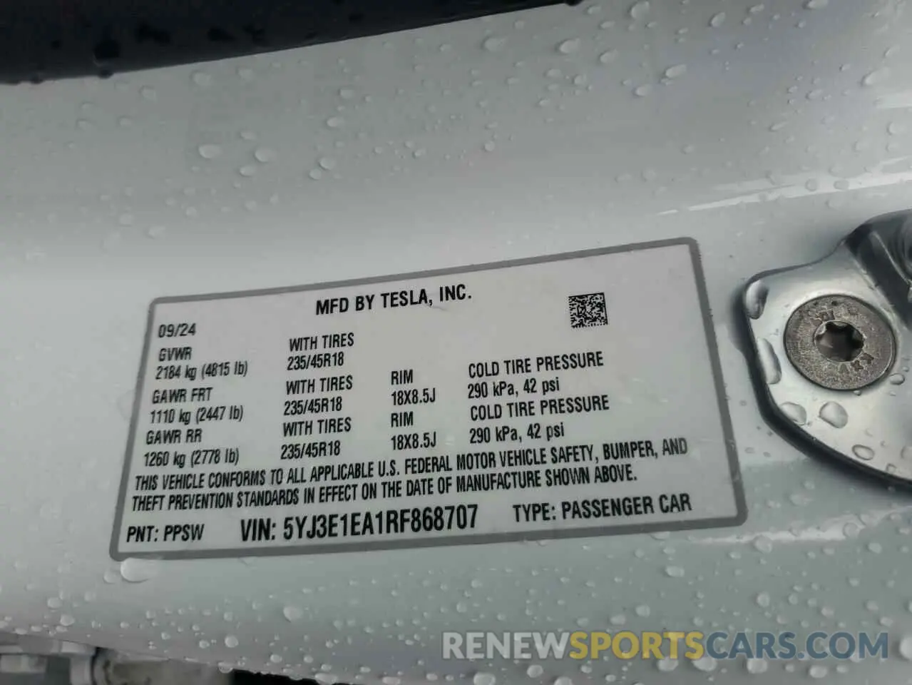 15 Фотография поврежденного автомобиля 5YJ3E1EA1RF868707 TESLA MODEL 3 2024