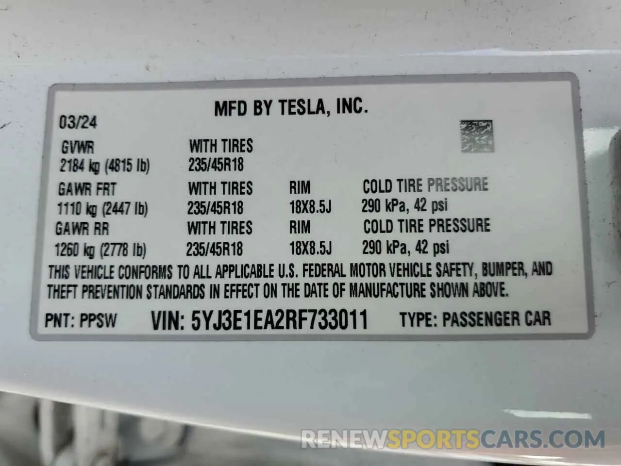 12 Photograph of a damaged car 5YJ3E1EA2RF733011 TESLA MODEL 3 2024