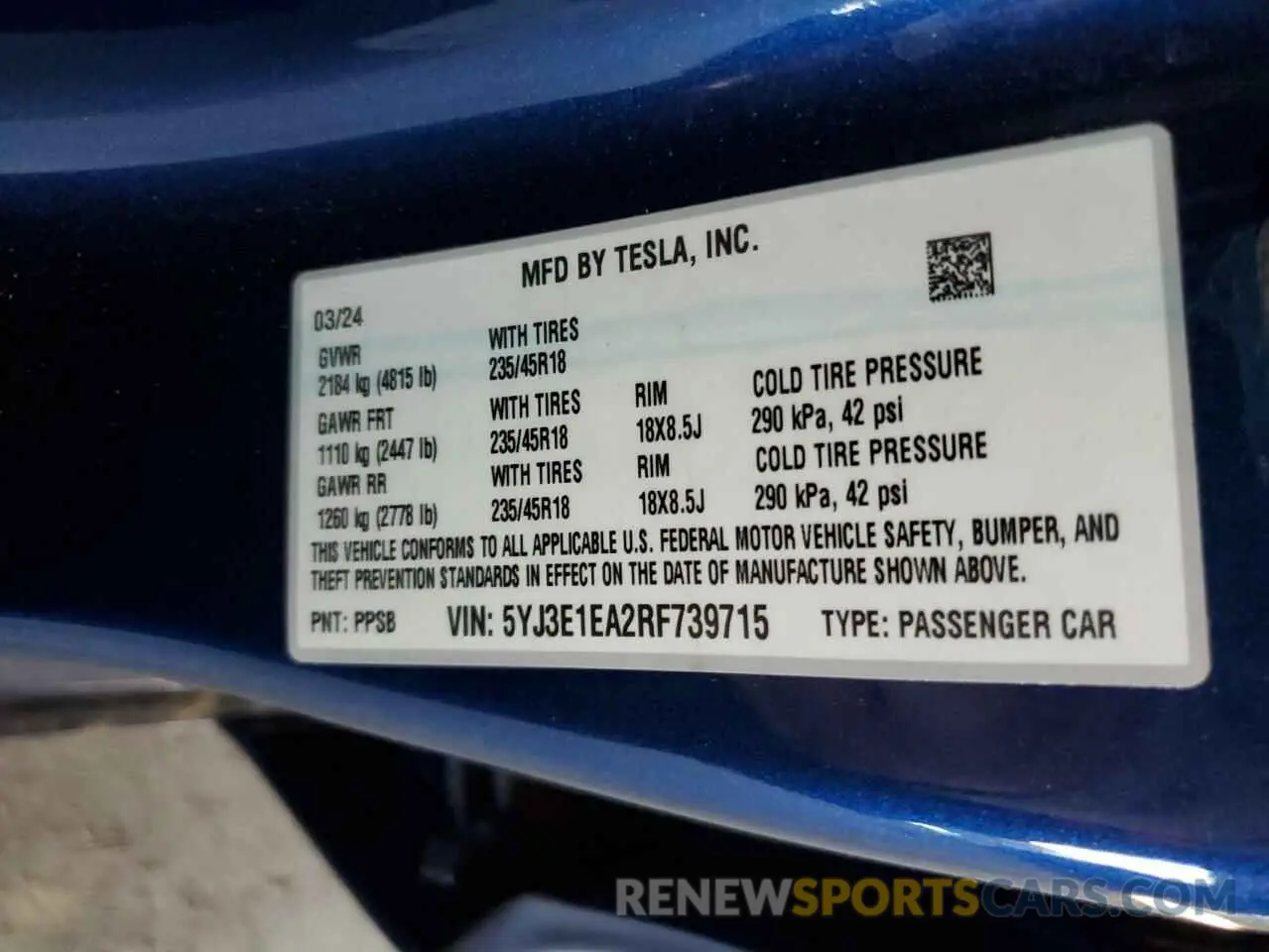 15 Photograph of a damaged car 5YJ3E1EA2RF739715 TESLA MODEL 3 2024