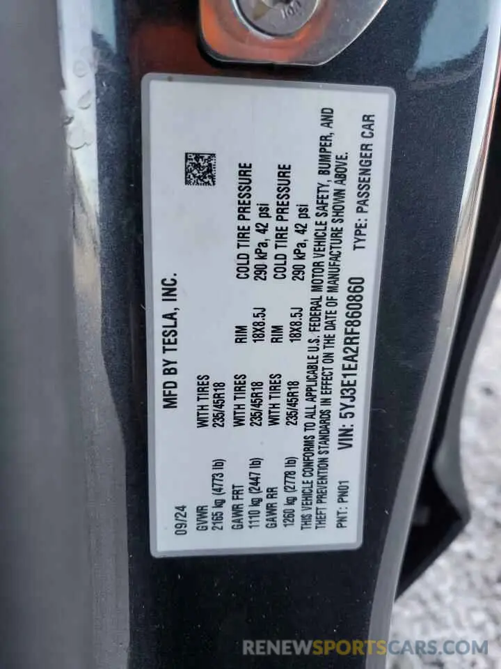 15 Фотография поврежденного автомобиля 5YJ3E1EA2RF860860 TESLA MODEL 3 2024