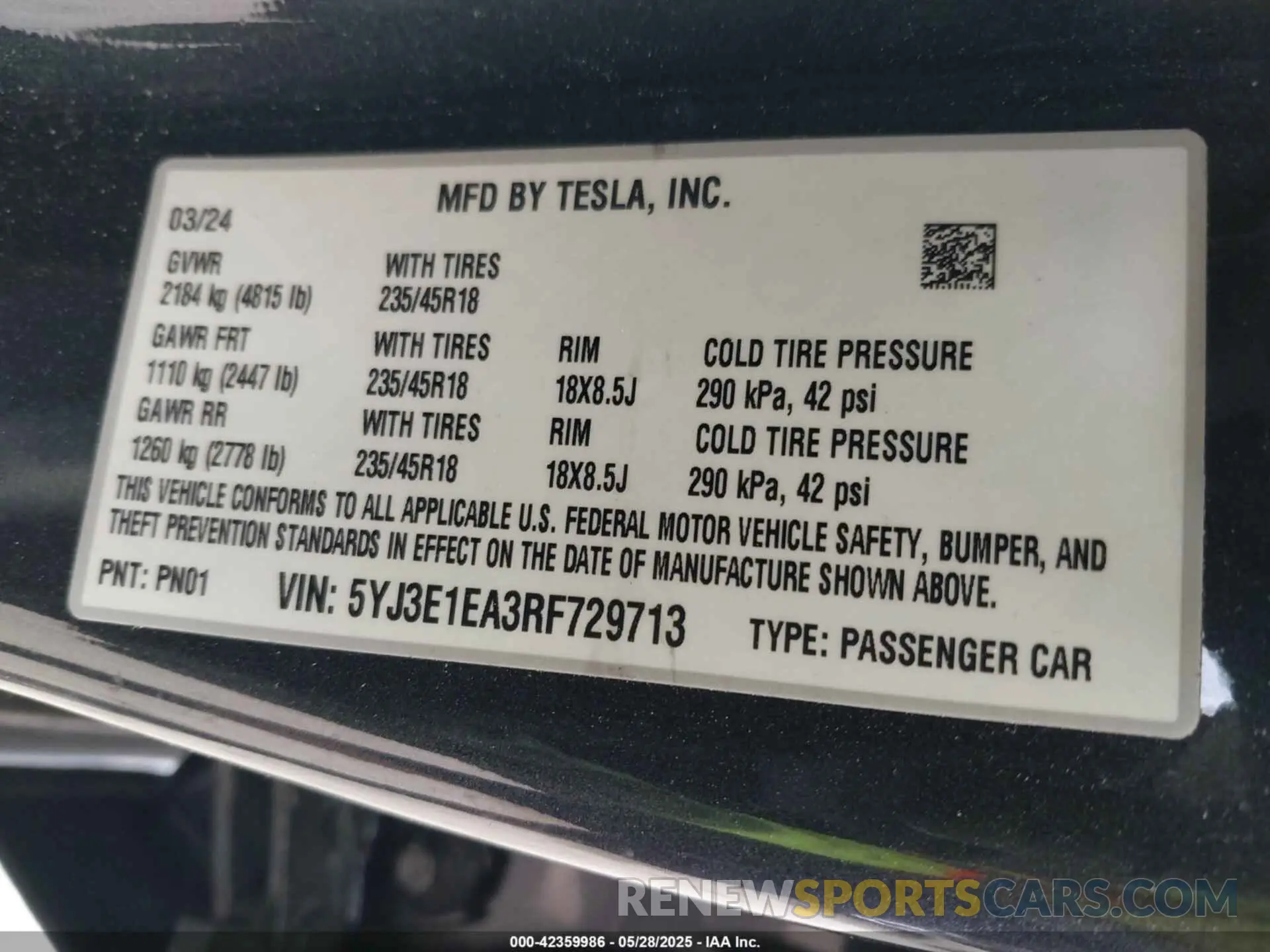 9 Photograph of a damaged car 5YJ3E1EA3RF729713 TESLA MODEL 3 2024