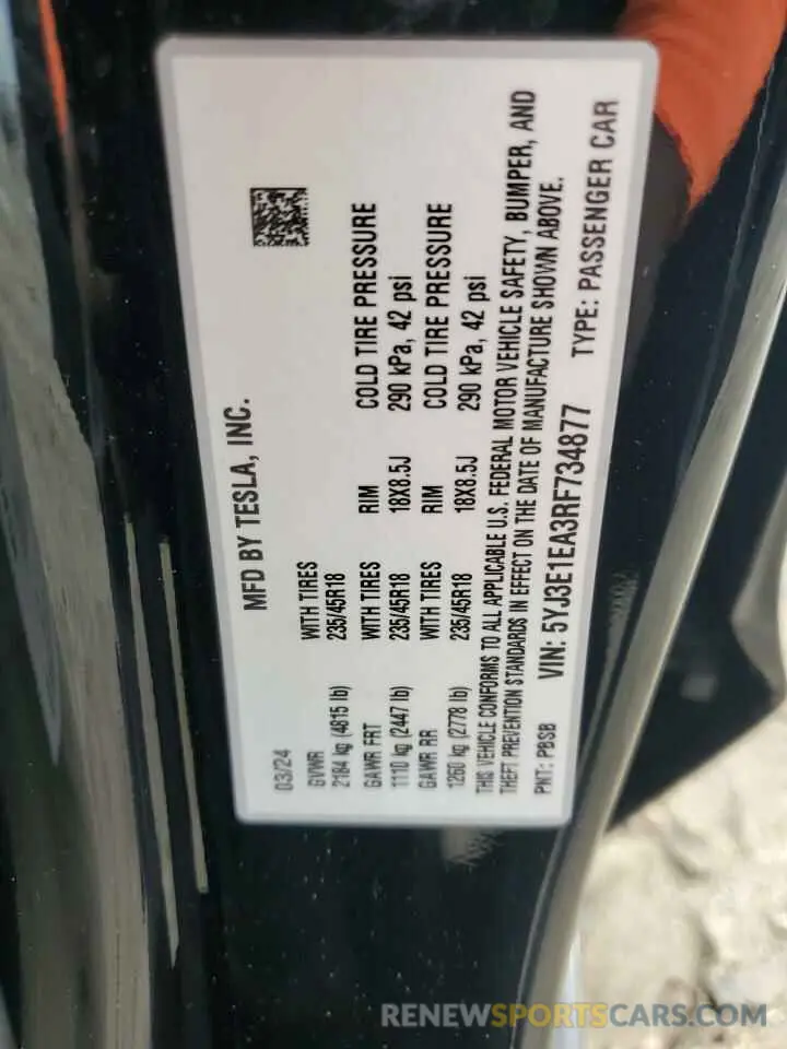 12 Фотография поврежденного автомобиля 5YJ3E1EA3RF734877 TESLA MODEL 3 2024