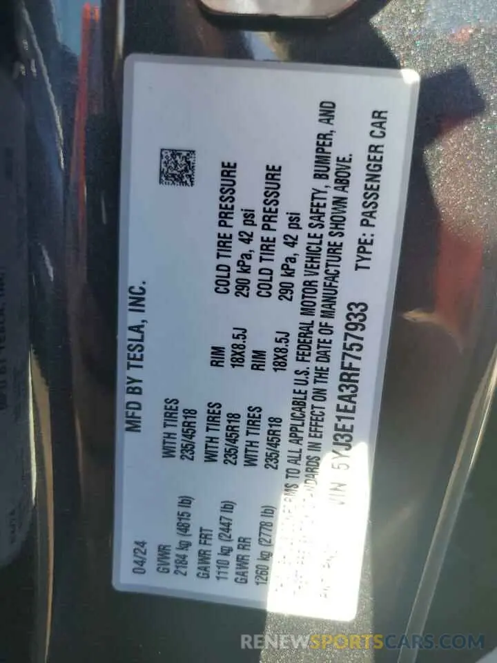13 Фотография поврежденного автомобиля 5YJ3E1EA3RF757933 TESLA MODEL 3 2024