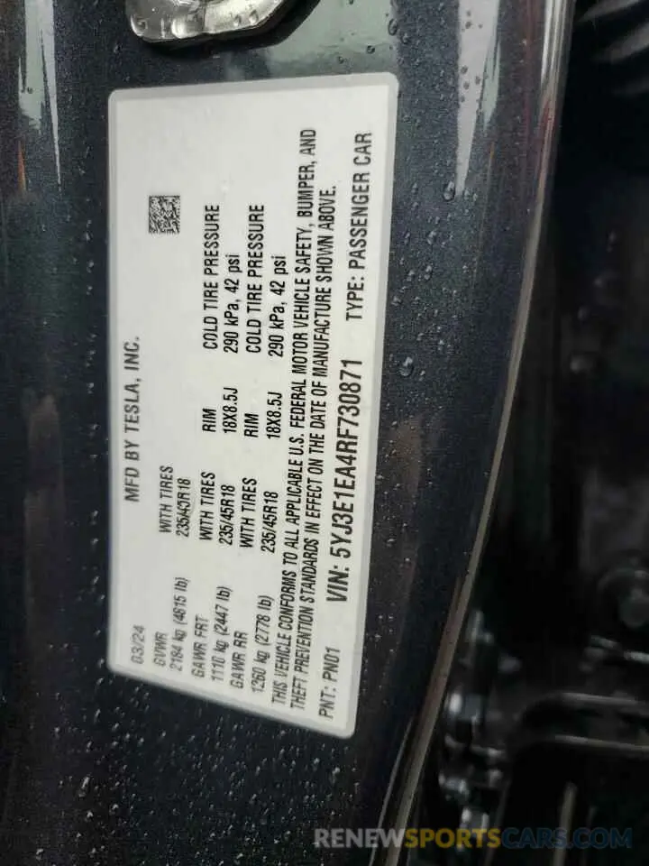 13 Photograph of a damaged car 5YJ3E1EA4RF730871 TESLA MODEL 3 2024