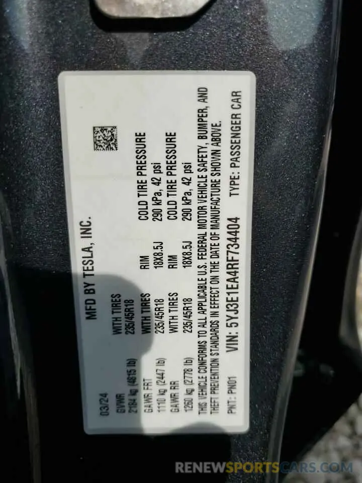 12 Фотография поврежденного автомобиля 5YJ3E1EA4RF734404 TESLA MODEL 3 2024