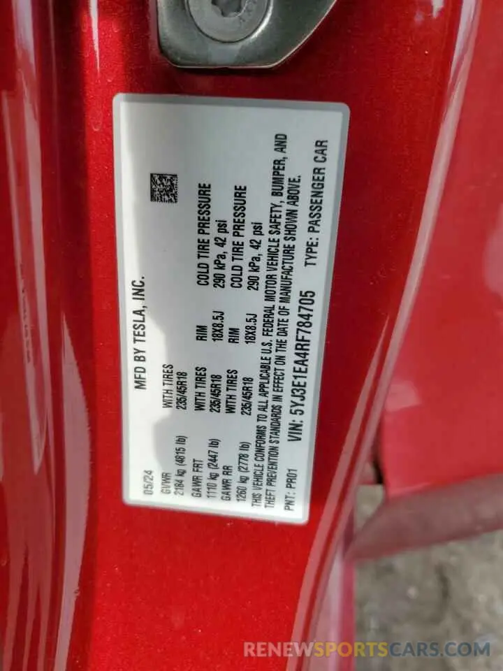 12 Фотография поврежденного автомобиля 5YJ3E1EA4RF784705 TESLA MODEL 3 2024