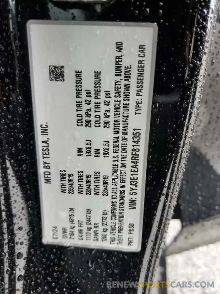 14 Photograph of a damaged car 5YJ3E1EA4RF814351 TESLA MODEL 3 2024