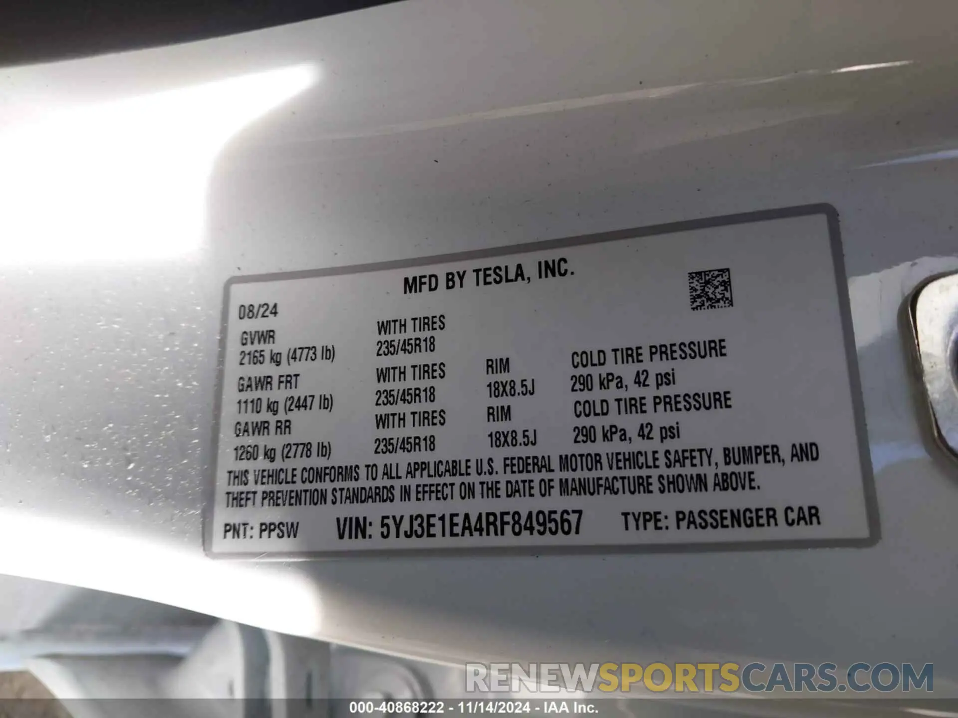 9 Фотография поврежденного автомобиля 5YJ3E1EA4RF849567 TESLA MODEL 3 2024