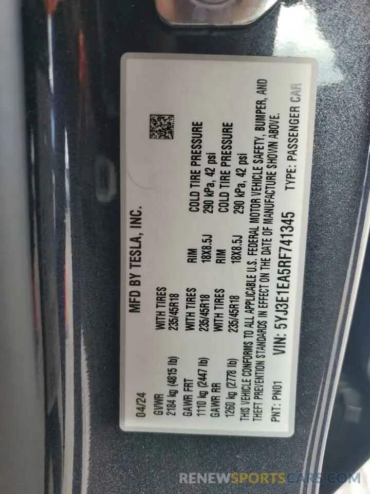 14 Фотография поврежденного автомобиля 5YJ3E1EA5RF741345 TESLA MODEL 3 2024