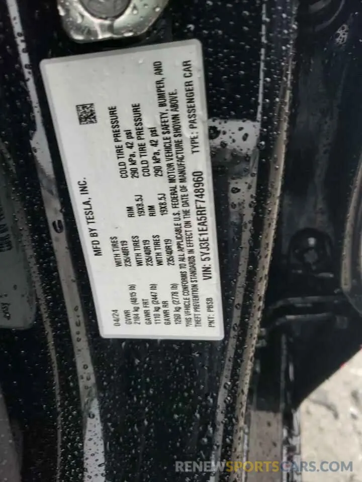 12 Photograph of a damaged car 5YJ3E1EA5RF748960 TESLA MODEL 3 2024